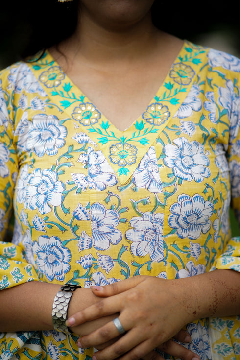 Yellow Handwork Block Print Anarkali Set – Alternate Kali Design